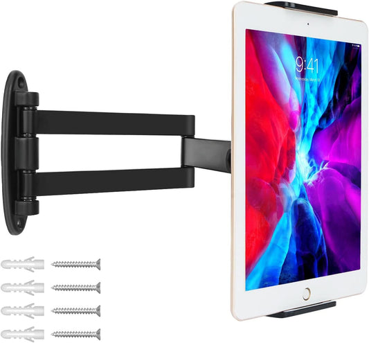 Tablet Wall Mount with Adjustable Long Arm Hinge 360° Swivel Bracket for 4.7 to 12.9 inch Tablet or Phone（Black）