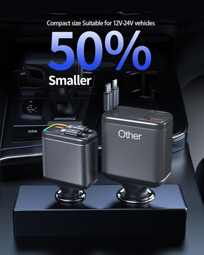 247W Retractable Car Charger with Voltage Monitor&Multicolored Light,5 in 1 USB C Car Charger with 2 Retractable Cable for iPhone 16 15 Pro Max Plus,Laptop,MacBook Air/Pro,Samsung Galaxy S25 S24,iPad