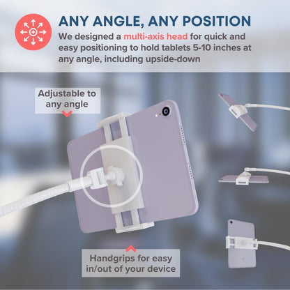 LEVO Adjustable Height Floor Stand on Wheels for Tablet & Phone - Gooseneck Holder Mount with Stable Base - Compatible with All Cell Phones & Tablets (4-13 inch) - White