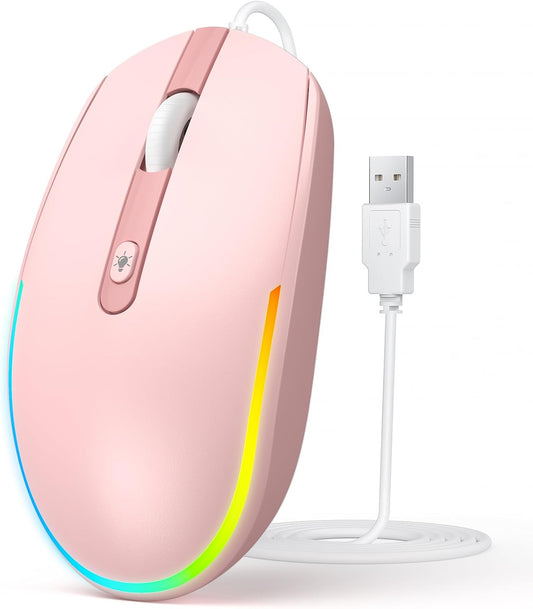 seenda Wired Mouse - USB Computer Mice Wired with RGB Backlit Optical LED Mouse with Attached USB Cord for Laptops Notebooks Chromebook - Pink