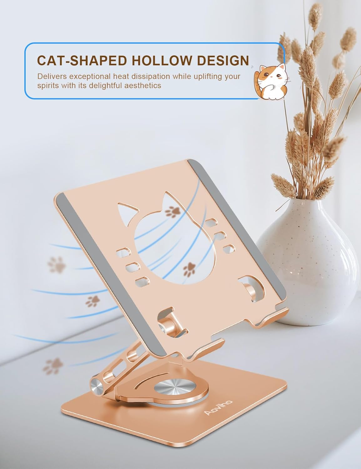 Tablet Stand 360° Rotating Aluminum Holder, Adjustable, Portable and Foldable Monitors Stand for iPads, Compatible with 4-12.9" Tablets, Golden