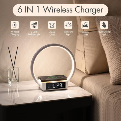 Wireless Charging Station with Alarm Clock,Bedside Lamp with Sunrise Wake-Up Light,Wireless Phone Charger,Touch Table Lamp with 3 Brightness Levels,Idea Gifts for Women,Men,Teens,Adults