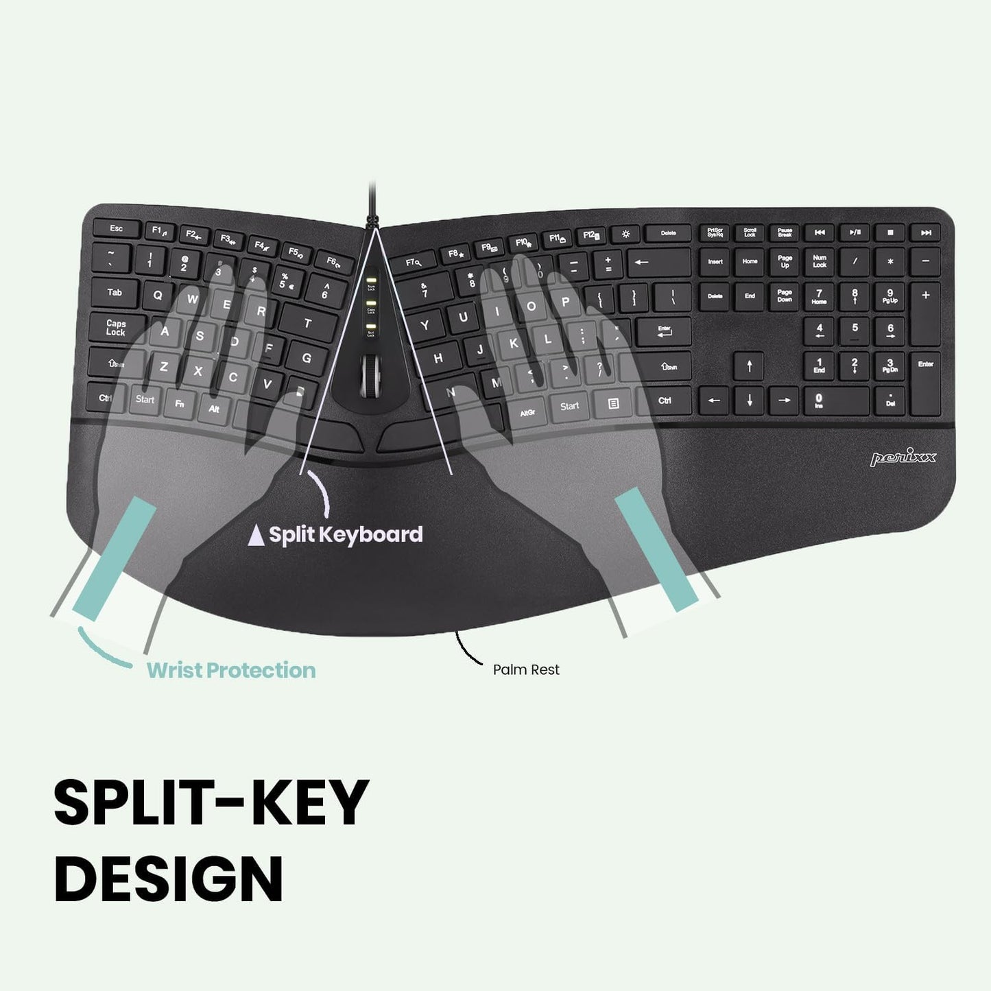 Perixx PERIBOARD-330B, Wired Ergonomic Keyboard with Adjustable Wrist Rest, Illuminated Keys, and Membrane Low Profile Keys, 2 Extra USB Ports, US English Layout