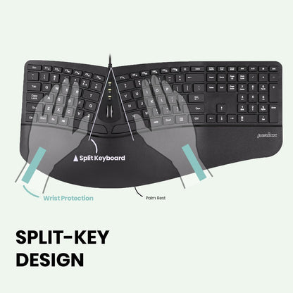 Perixx PERIBOARD-330B, Wired Ergonomic Keyboard with Adjustable Wrist Rest, Illuminated Keys, and Membrane Low Profile Keys, 2 Extra USB Ports, US English Layout
