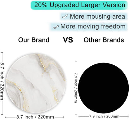 ITNRSIIET Round Mouse Pad with Stitched Edge Premium-Textured Waterproof Non-Slip Rubber Base Desktop Protection Mat Diameter 8.7 inches, White marbling