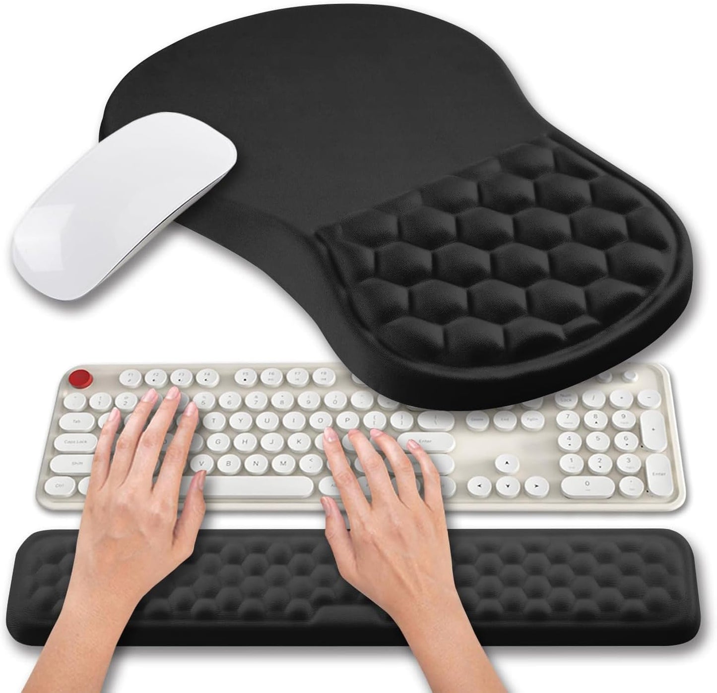 Hokafenle 2 in 1 Ergonomic Mouse Pad Wrist Support & Wrist Rest for Computer Keyboard Set, with Relieve Carpal Tunnel Pain Massage Bulge and Full Memory Gel Design (2In1 Set, Black)