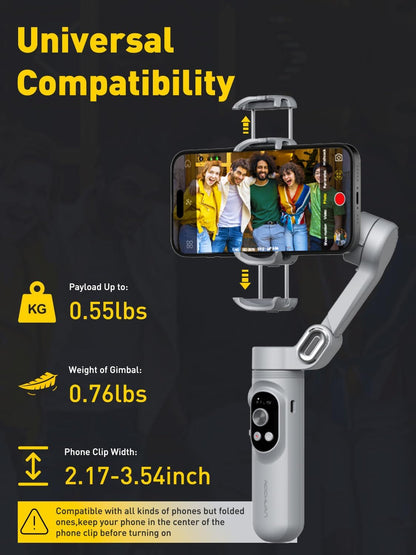 Gimbal Stabilizer for Smartphone with Face/Object Tracking for iPhone 15 14 Pro Max Android,3-Axis Foldable Phone Gimbal w/Built-in Light,1/4 Threads for TikTok YouTube Vlogging(Smart X Grey)