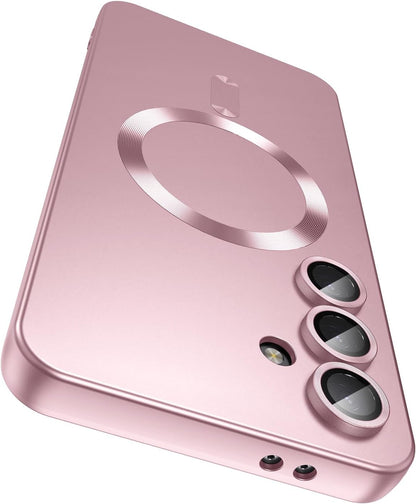 Magnetic for Samsung Galaxy S24 Case [Compatible with MagSafe][Built-in Camera Lens Protector] Slim Soft Silicone Bumper Shockproof Metallic Luster Phone Case (Rose Gold)