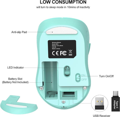 WisFox 2.4G Wireless Mouse for Laptop, Ergonomic Computer Mouse with USB Receiver and Type-C Adapter, 3 Adjustable Levels DPI, 6 Button Cordless Wireless Mice (Mint Green)