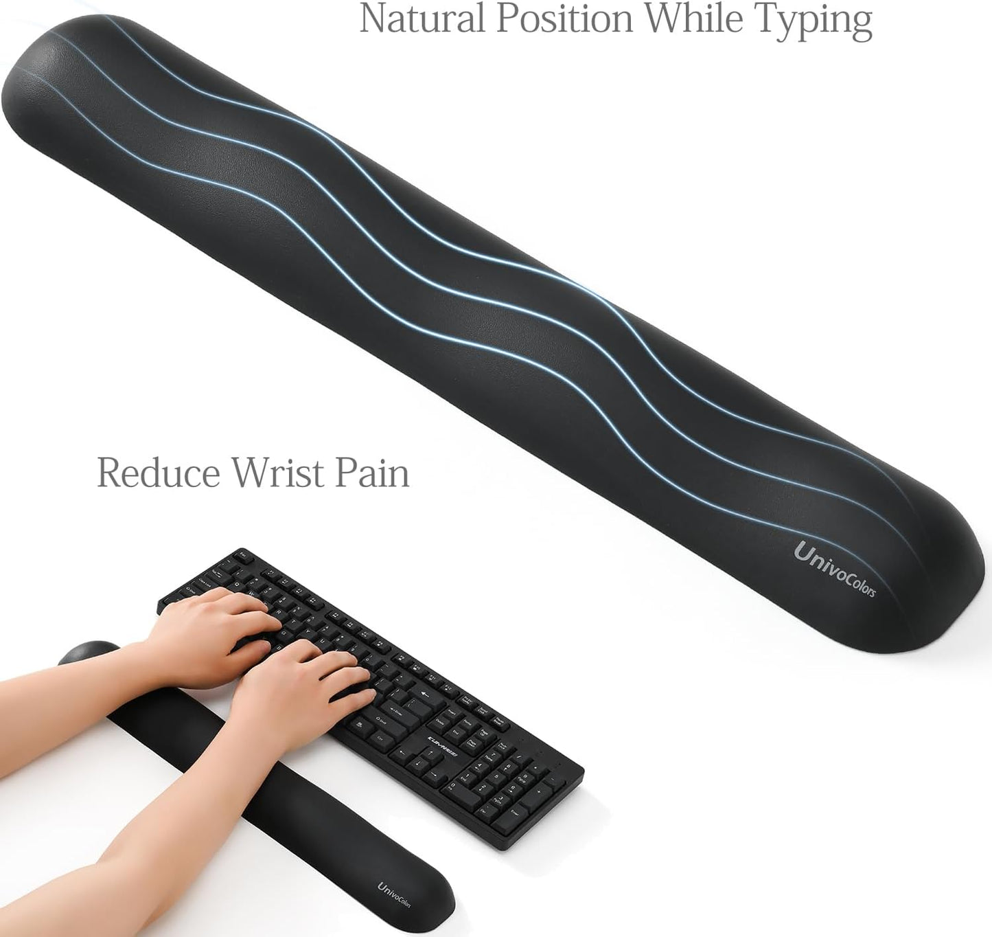 UnivoColors Design-Wave Keyboard Wrist Rest, Artificial Sheepskin+Memory Foam+Ergonomic+Anti-Slip Gel, Resilience Support During Work and Gaming,Keyboard Accessory,Black