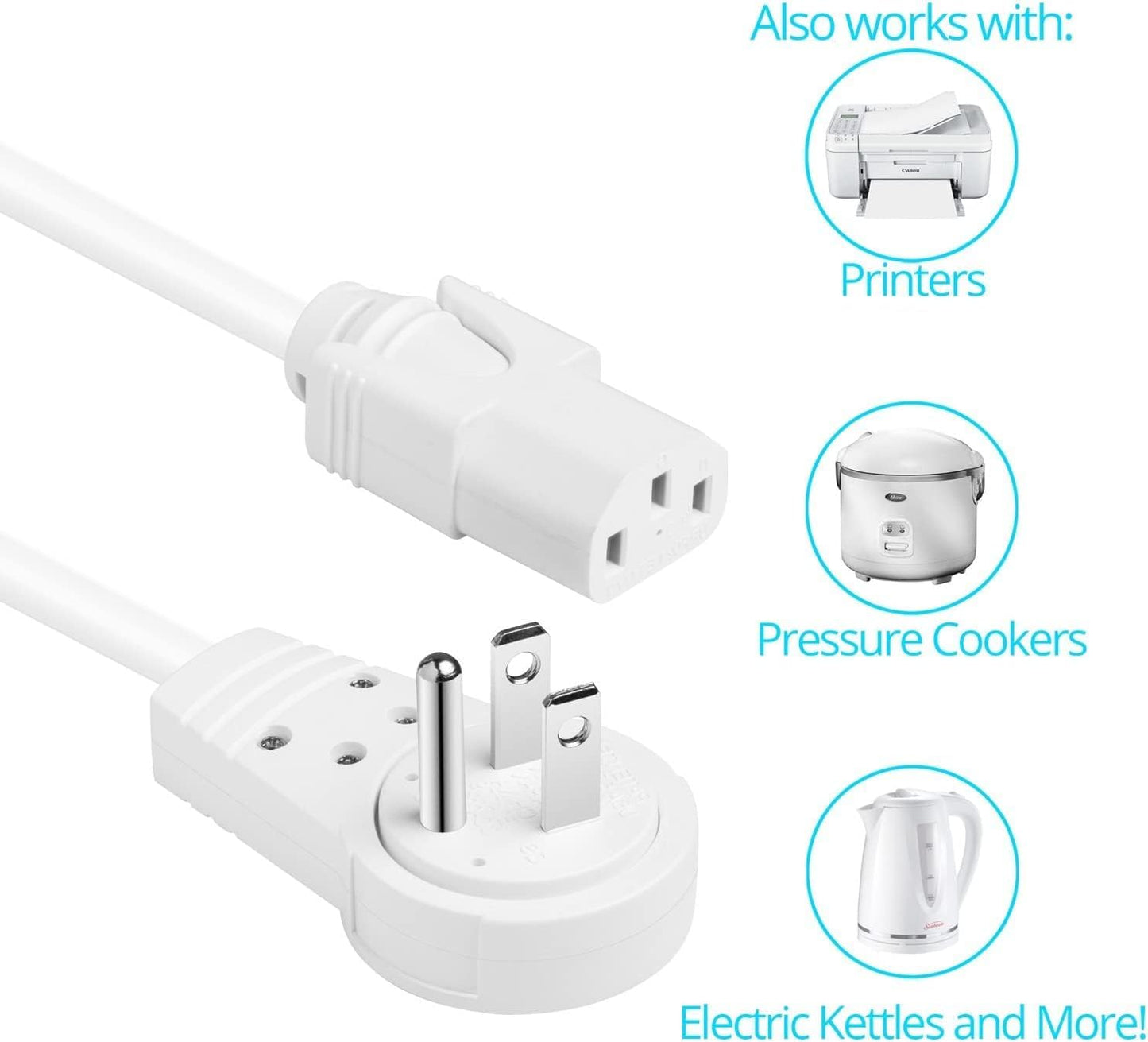 Maximm Monitor Computer Power Cord 10 Ft Flat Plug 360° Rotating PC Cable 3 Prong for, Desktop, Printer, Scanner, 16 AWG NEMA 5-15P to IEC13 - UL Certified