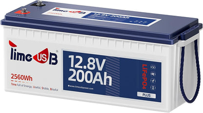 12V 200Ah Plus LiFePO4 Battery, Timeusb Lithium Battery with 200A BMS, Max. 2560W Power, 4000-15000 Deep Cycles, 10-Year Lifetime, Perfect for RV, Camping, Marine, Solar Off Grid, Backup System