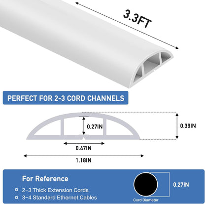 Floor Cord Cover Self Adhesive Cord Hider Floor Extension Cord Covers for Floor Power Cord Protector Cable Management Prevent Cable Trips Cable Cavity 0.47" W x 0.27" H (White, 3.3Ft)