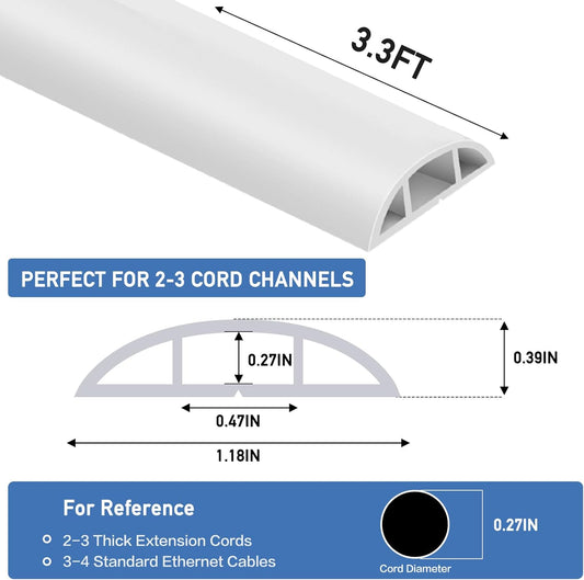 Floor Cord Cover Self Adhesive Cord Hider Floor Extension Cord Covers for Floor Power Cord Protector Cable Management Prevent Cable Trips Cable Cavity 0.47" W x 0.27" H (White, 3.3Ft)
