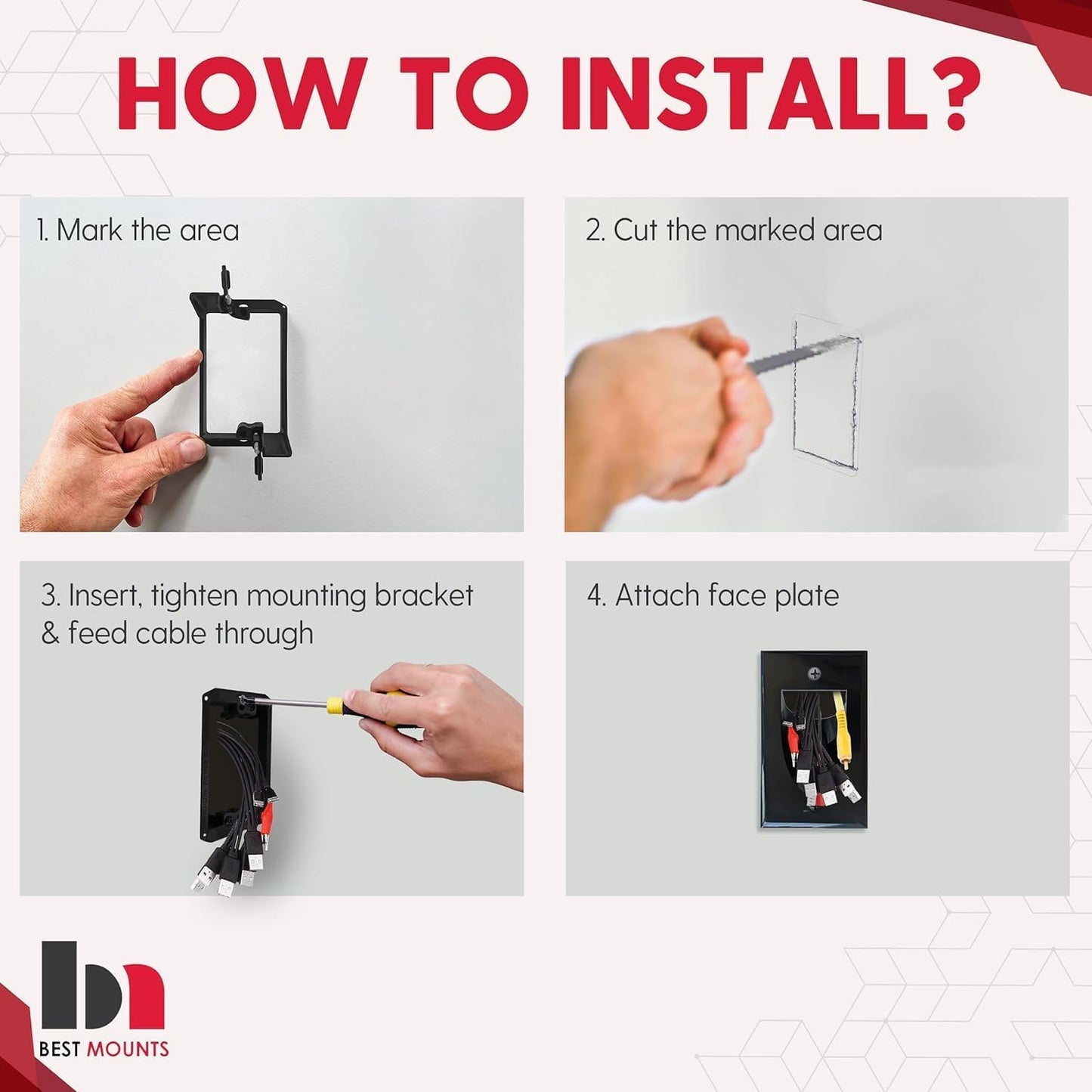 BestMounts - 10 Pack Inner Nose Behind Wall Cable Management TV Cord Hider for Wall Mounted TV - Single Gang Low Voltage Recessed Wall Plates Cable Pass Through for Wires, HDTV, HDMI (Black)