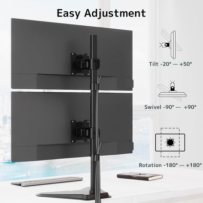 Dual Monitor Stand Heavy Duty - 17-49 inch Freestanding Vertical Dual Monitor Arm, Adjustable Stacked Double Monitor Desk Mount, Max Load 44 lbs (per Screen), VESA 75/100 mm, Black