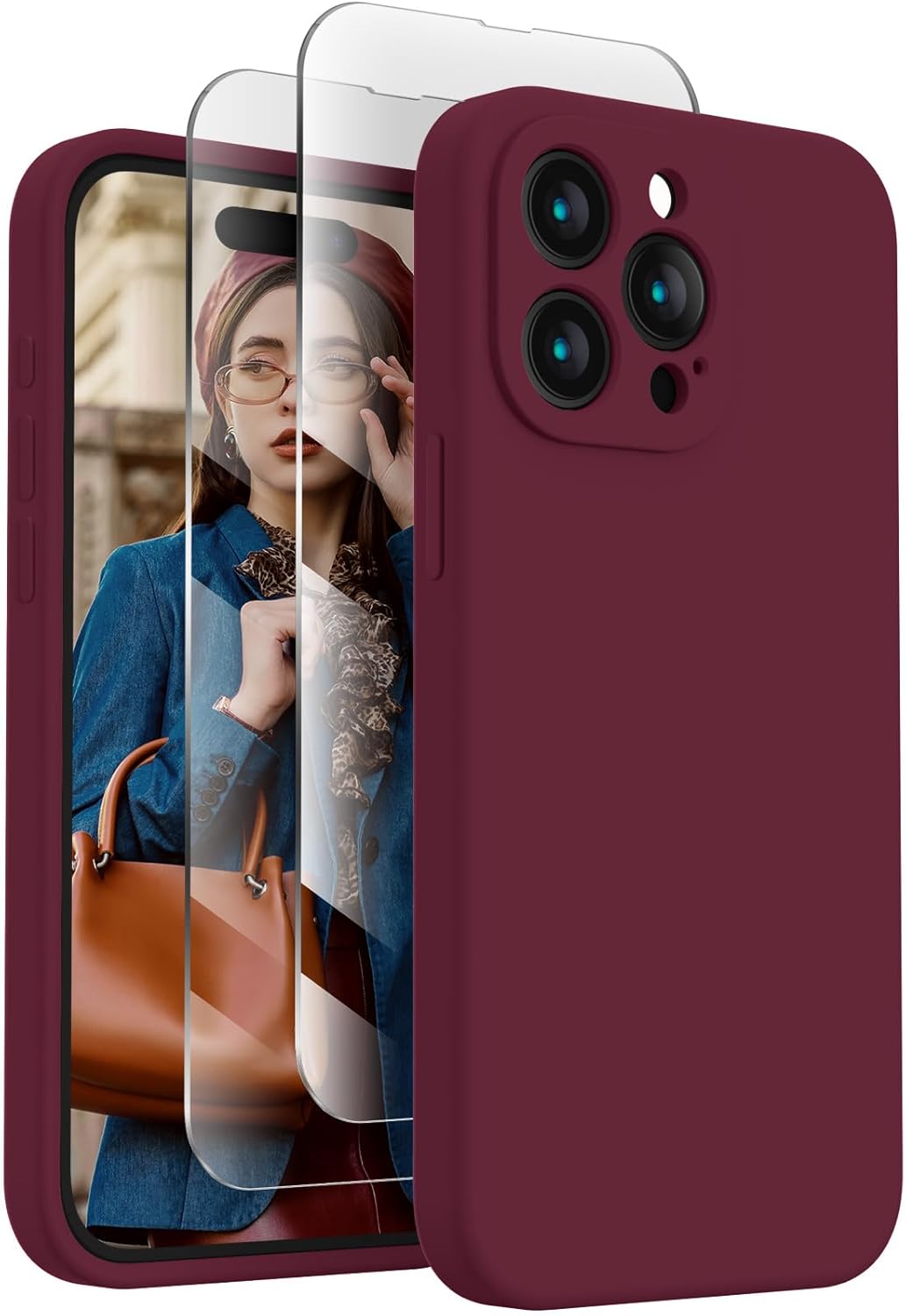 FireNova Designed for iPhone 15 Pro Case, Silicone Upgraded [Camera Protection] Phone Case with [2 Screen Protectors], Soft Anti-Scratch Microfiber Lining Inside, 6.1 inch, Plum