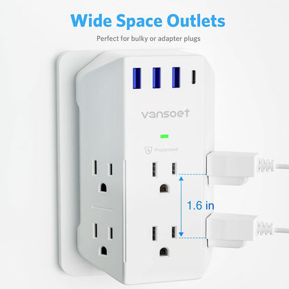 Outlet Extender, Vansoet 6 Outlet Splitter with 4 USB Ports(1 USB C PD 20W), 2100J Surge Protector Power Strip, 3 Side Multi Plug Outlet for Travel, Home, Office, Dorm
