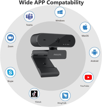 PHILIPS HD 1080P Webcam Camera for PC, SPL6208 Web Camera for Laptop, Dual Microphone Streaming Webcam for Clear Stereo Audio, Plug and Play USB Webcam for Zoom/Skype/Teams, Conferencing and Video