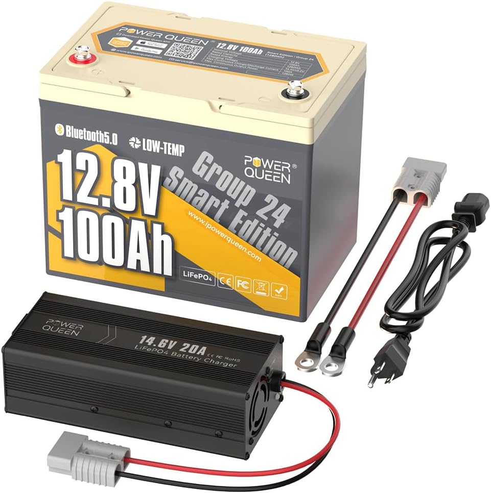 Power Queen Bluetooth 12V 100Ah LiFePO4 Battery with 14.6V20A LiFePO4 Battery Charger, Group 24 Deep Cycle Battery, 100A BMS with Low-Temp Cut-off Protection for RV, Trolling Motors, Solar System