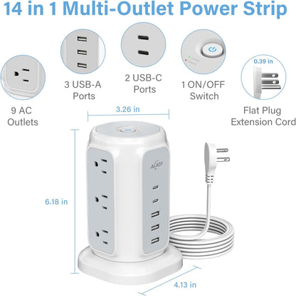 AiJoy Flat Plug Power Strip Tower with 9 Outlets and 5 USB Ports (2 USB-C), 1200J Surge Protection, 1625W Extension Cord with Multiple Outlets Charging Station for Home Dorm Office Supplies