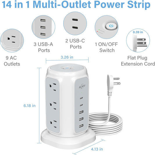 AiJoy Flat Plug Power Strip Tower with 9 Outlets and 5 USB Ports (2 USB-C), 1200J Surge Protection, 1625W Extension Cord with Multiple Outlets Charging Station for Home Dorm Office Supplies