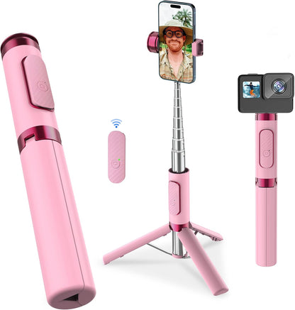 Selfie Stick Tripod, Foldable Cellphone Tripod with Remote for Group Selfies/Live Streaming/Video Recording, for iPhone Series Android, Pink