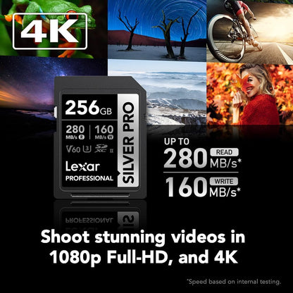 Lexar 256GB Professional SILVER PRO SD Card, UHS-II, C10, U3, V60, Full HD, 4K, Up To 280MB/s Read SDXC Memory Card, for Professional Photographer, Videographer, Enthusiast (LSDSIPR256G-BNNNU)