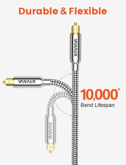 VANAUX 33FT Digital Optical Audio Cable (24K Gold Plated Connectors, Aluminum Alloy Shell, Braided Jacket) S/PDIF Toslink Cable for Home Theater, Soundbars, Gaming Consoles