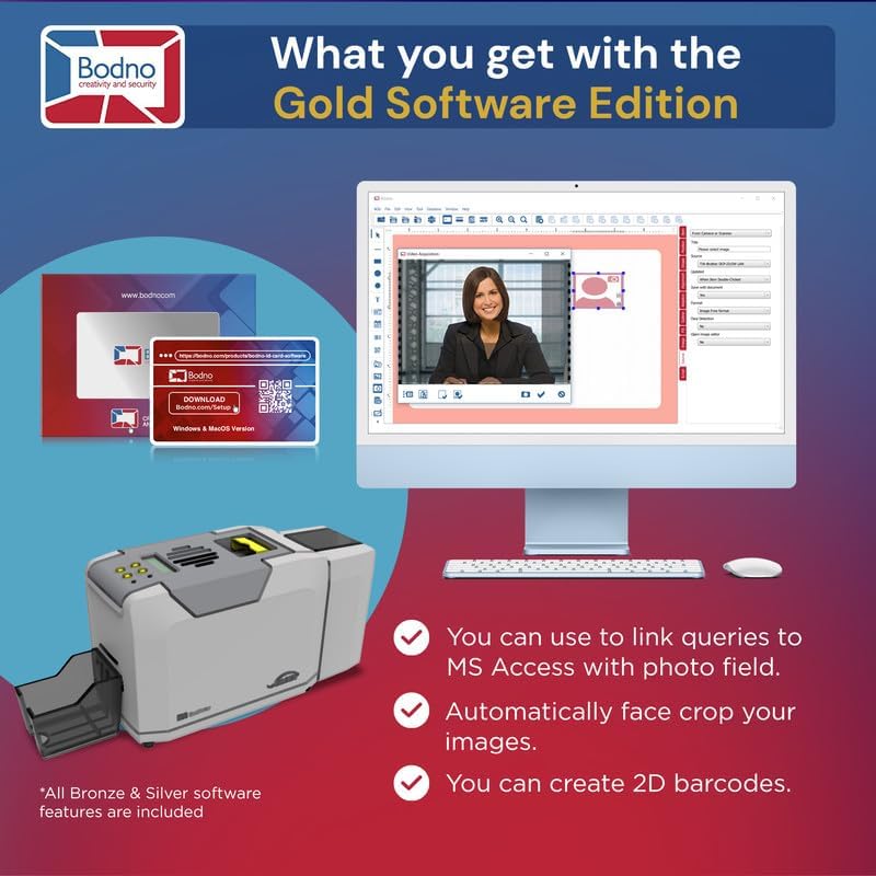 Bodno Seaory S28 Dual Sided ID Card Printer & Complete Supplies Package ID Software and Camera - Gold Edition