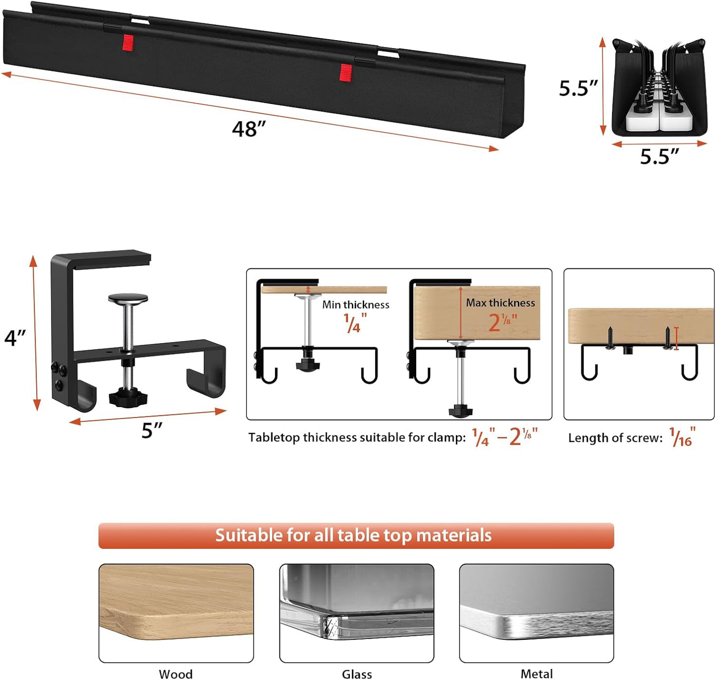 Univivi No Drill Under Desk Cable Management Tray, 48" Cord Organizer for Table, Clamp/Screw Mount Desk Cable Management, Premium Fabric Cable Management Tray for Office, Home (Extra Large)