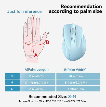 TECKNET Wireless Mouse (2.4G & BT5.0/3.0) Silent 4800 DPI Computer USB A & Bluetooth Mouse 6 Buttons, Wide Compatibility - Lightblue