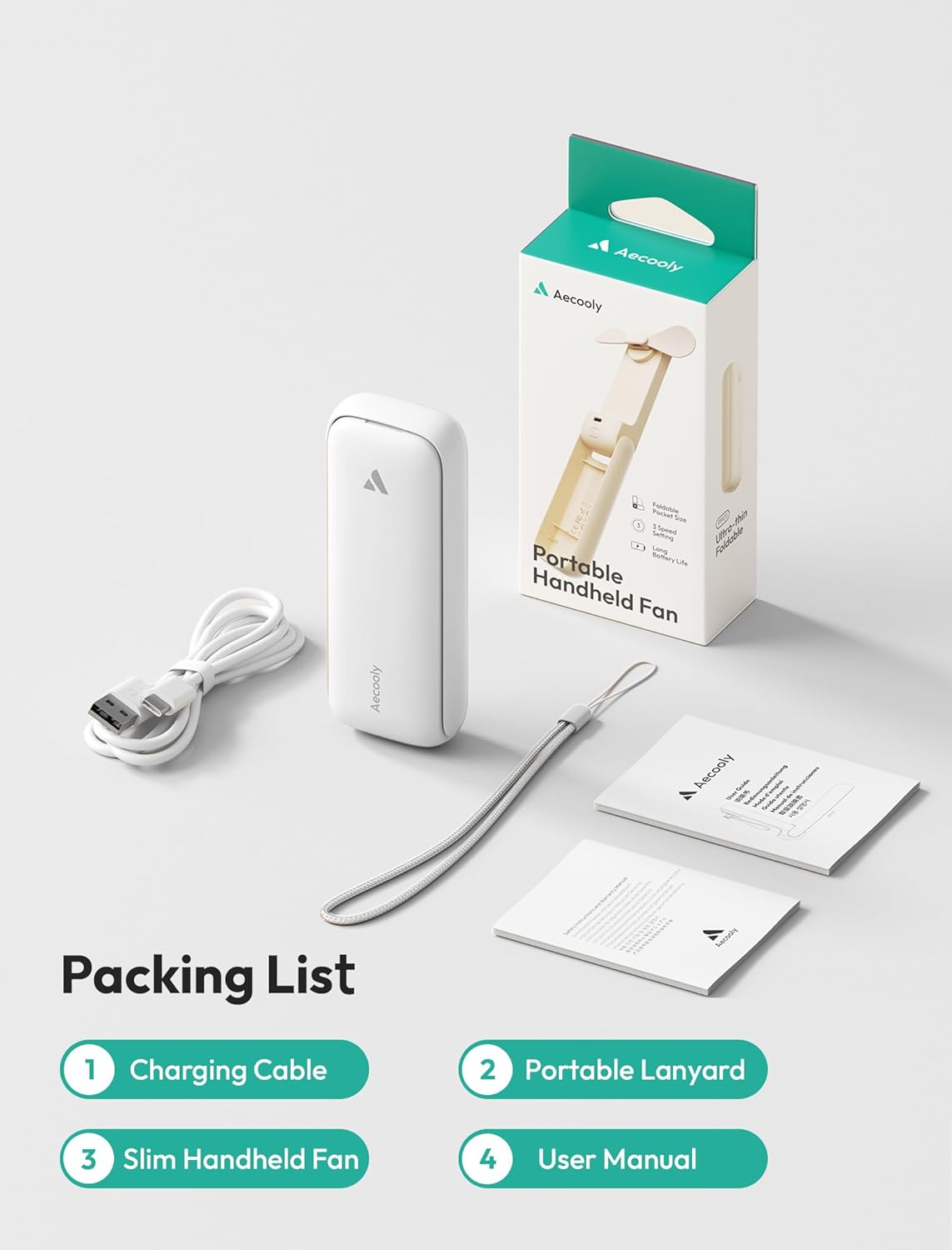 Aecooly Slim Portable Fan 2 Pack, Thin Handheld Fan, USB Rechargeable Mini Personal [24H Max Cooling Time], Battery Powered Small Foldable Pocket for Travel, Summer, Gifts for Women, Girls -White