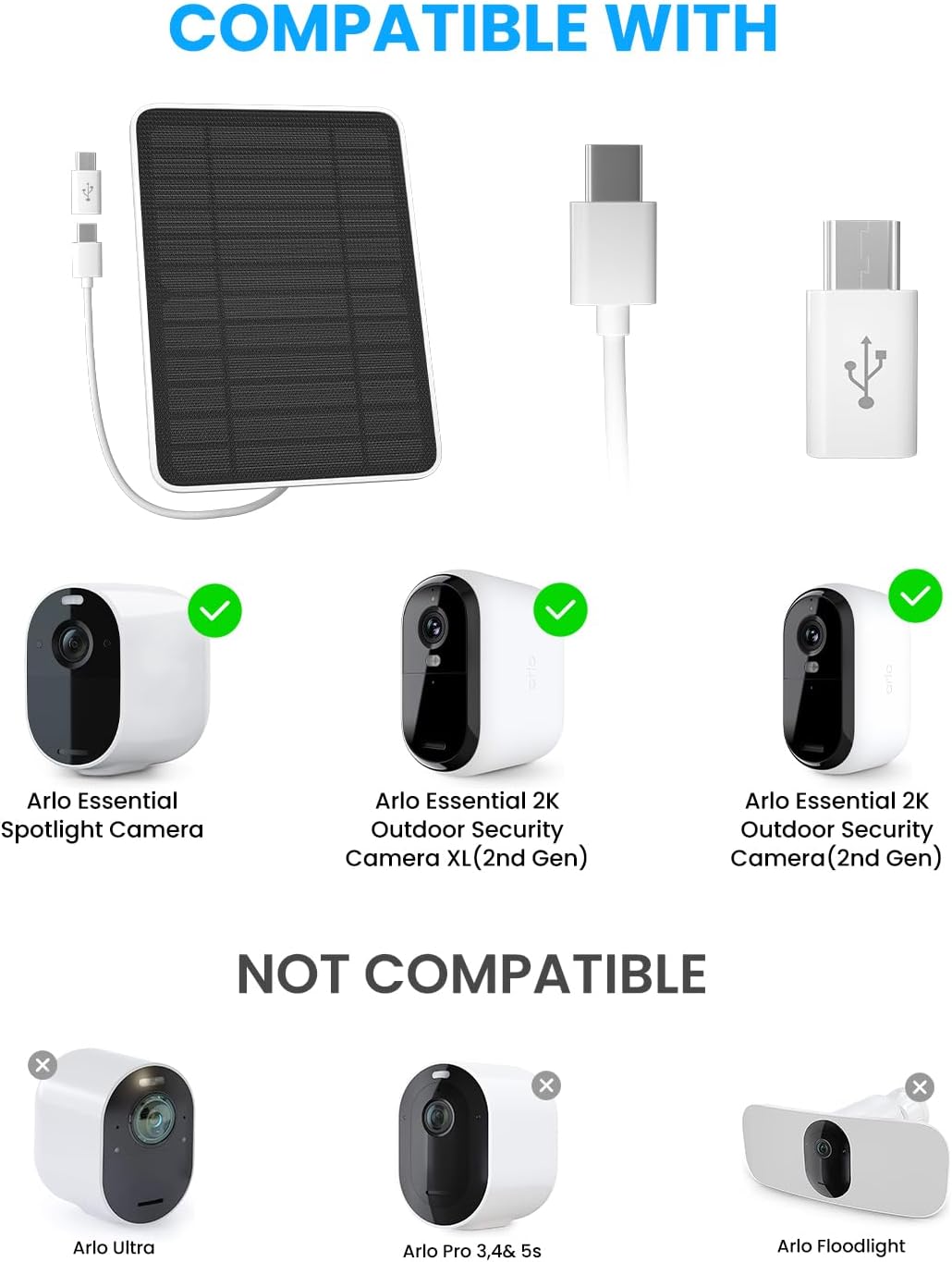 Solar Panel Charger Compatible with Arlo Essential 2K Outdoor(2nd Gen)/Essential XL Camera(2nd Gen)/Essential Spotlight, 5W Solar Panel with IP65 Waterproof 10ft Micro USB-C Cable & Wall Mount, 3 Pack