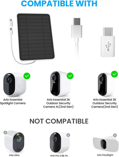 Solar Panel Charger Compatible with Arlo Essential 2K Outdoor(2nd Gen)/Essential XL Camera(2nd Gen)/Essential Spotlight, 5W Solar Panel with IP65 Waterproof 10ft Micro USB-C Cable & Wall Mount, 3 Pack