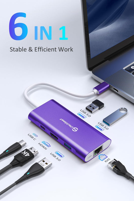 UtechSmart USB C Hub, Ethernet Multiport Adapter 6 in 1 USB C to HDMI Dock Compatible for MacBook Pro/Air, Chromebook, Dell XPS, HP and Type C Devices Dark Purple