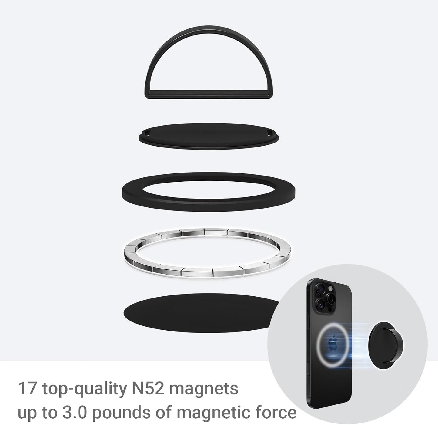 Grat 3 Lite Magnetic Phone Loop, [Nylon-core Silicone Strap] 360° Rotatable Phone Grip, Detachable Finger Holder Compatible with Magsafe for iPhone 16 15 14 13 12 Pro/max, Black