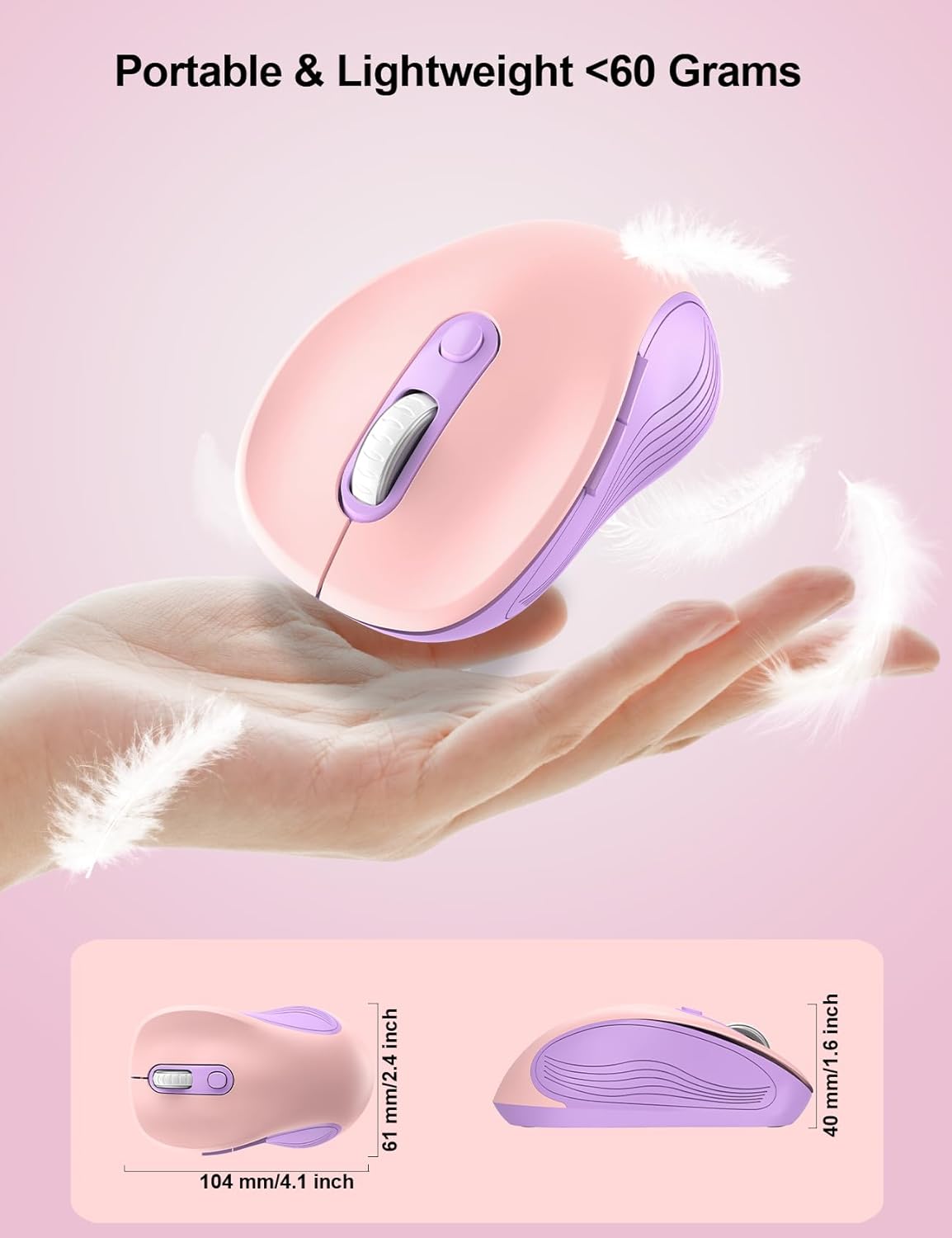 Trueque Wireless Mouse for Laptop, 2.4GHz Ergonomic Computer Mouse with Back & Forward Buttons, 3-Level DPI, 6 Buttons, Optical USB Cordless Mice for Windows Chromebook MacBook PC (Pink Purple)