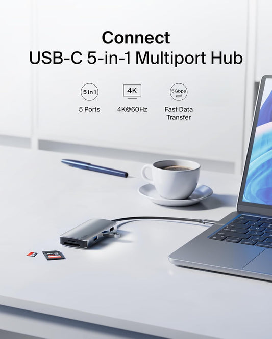 Belkin USB-C Hub, 5-in-1 Multiport Adapter - USB-C Docking Station with 4K HDMI, 2 x USB-A Ports, SD Card Slot, & MicroSD Card Slot for MacBook Pro, Air, iPad Pro, XPS, and More