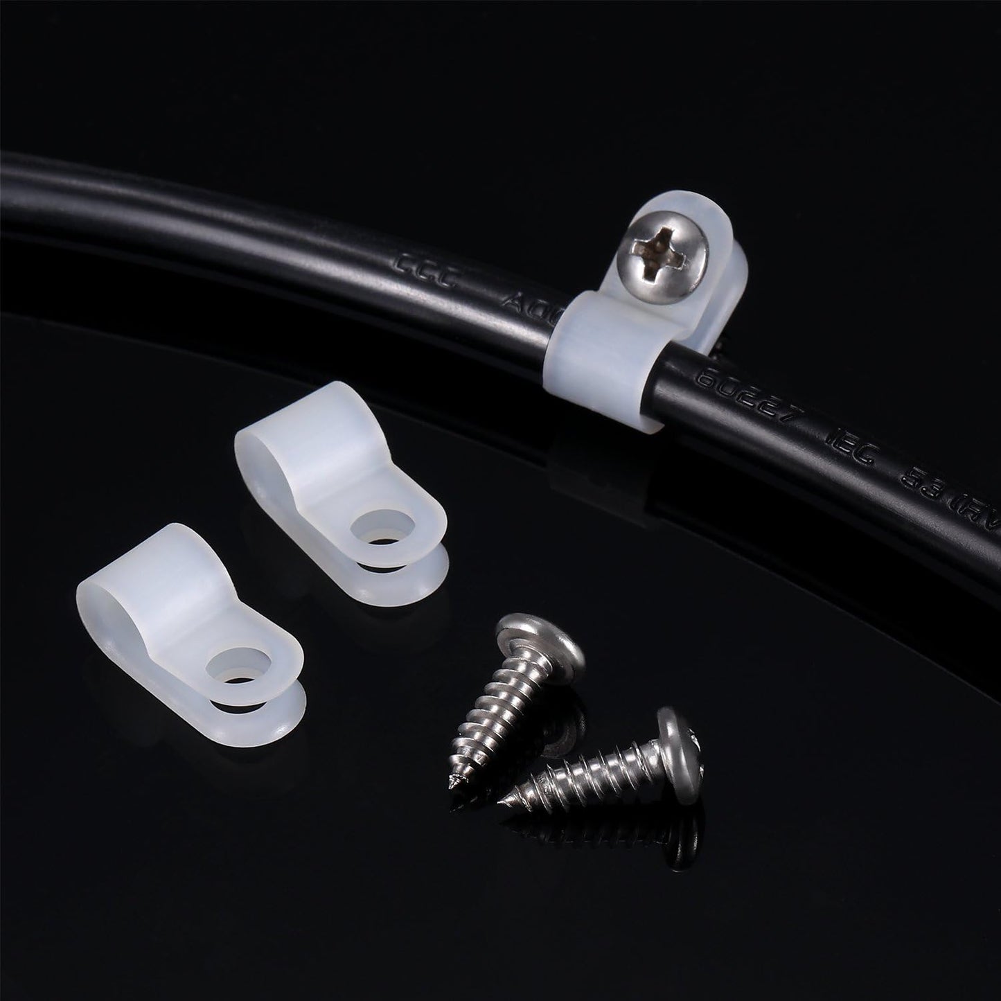 Hicarer 50 Pack R-Type Cable Clip Wire Clamp, Nylon Screw Mounting Cord Fastener Clips with 50 Pack Screws for Wire Management (White, 1/4 Inch)
