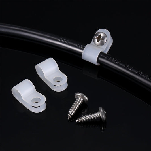 Hicarer 50 Pack R-Type Cable Clip Wire Clamp, Nylon Screw Mounting Cord Fastener Clips with 50 Pack Screws for Wire Management (White, 1/4 Inch)