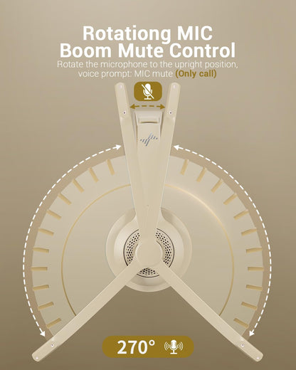 Wireless Headset with AI Noise Cancelling Microphone Bluetooth Headset - Bluetooth V5.2 Headphones with USB Dongle & Mic Mute for Computer/Laptop/PC/iPhone/Android/Cell Phones/Zoom-Apricot