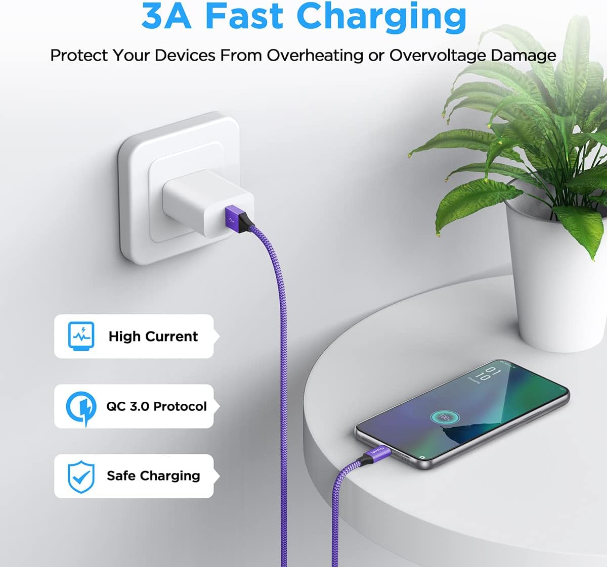 etguuds 6ft USB A to USB C Cable 3A Fast Charging, 2-Pack USB A to USB Type C Charger Cord for iPhone 16 15 Pro/Pro Max/Plus, for Samsung Galaxy S24 S23 S22 S21 S20 S10 A55 A54 Flip Note, Moto, Purple