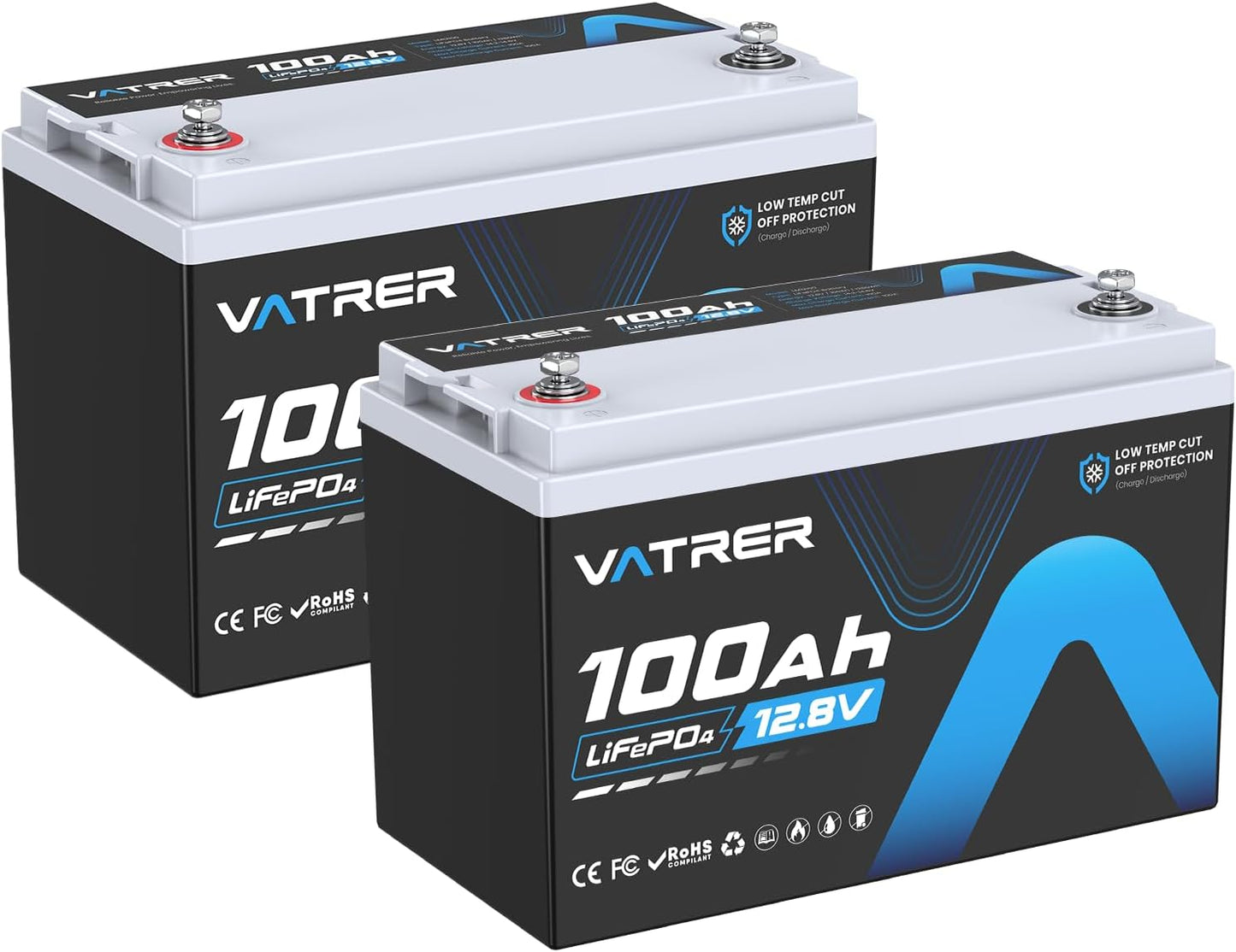 2Pack 12V 100AH Low Temp Cutoff LiFePO4 Lithium Battery with 1280W, Built-in 100A BMS, 5000+ Cycles Rechargeable Battery, Perfect for RV/Camper, Solar, and Off-Grid Applications, etc.