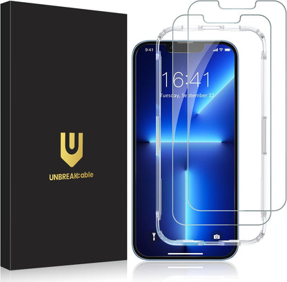 UNBREAKcable Screen Protector for iPhone 16e/iPhone 14/ iPhone 13/13 Pro, Shatterproof Tempered Glass [99.99% HD Clear] [9H Hardness] [Easy Installation Frame] for iPhone 6.1" - 2 Pack