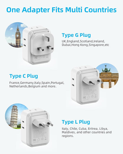 European Travel Plug Adapter USB C, US to EU/UK Plug Adapter- 4AC Outlets 4 USB Charger, International Power Adaptor kit Include Type G/C/L for American to England Italy France Germany Greece
