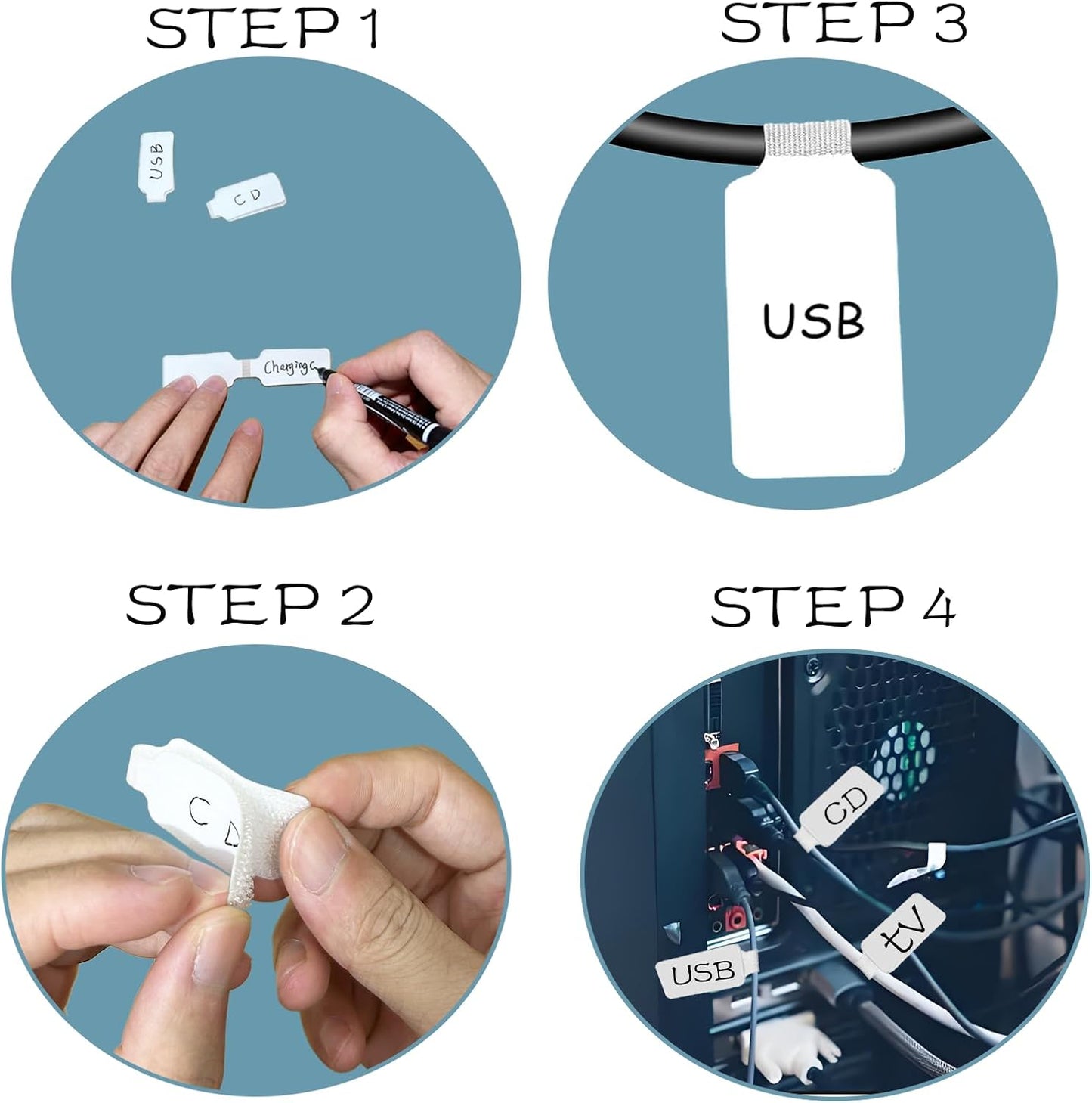 100 Pack Reusable Hook & Loop Cable Ties & Labels Kit - 50 Durable Cord/Wire Tags + 50 Self-Gripping Straps for Electronics Organizing, Home Office Cord Management (White & Black)
