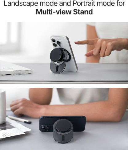 Sinjimoru Phone Grip Stand, Compatible with MagSafe, Adaptor Ring Included, 3000G Kickstand for iPhone 16/15/14/13/12. M-Tap Tok Stand Clear Black