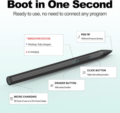 Stylus for HP Envy X360 Pavilion x360 Specter X360 Spectre x2 Envy x2 Touchscreen Laptop Rechargeable MPP 2.0 Tilt Pencil 4096 Pressure Sensitivity Using The Microsoft MPP Protocol, Black