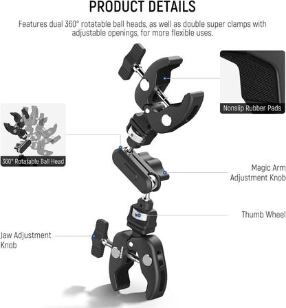 NEEWER Double Super Clamp Camera Mount with Magic Arm, NATO Interface, Cold Shoes, 1/4" Locating Holes for ARRI, Desk Studio Photography Light Stand Pole Cross Bar Umbrella Holder Clamp Mount, UA060